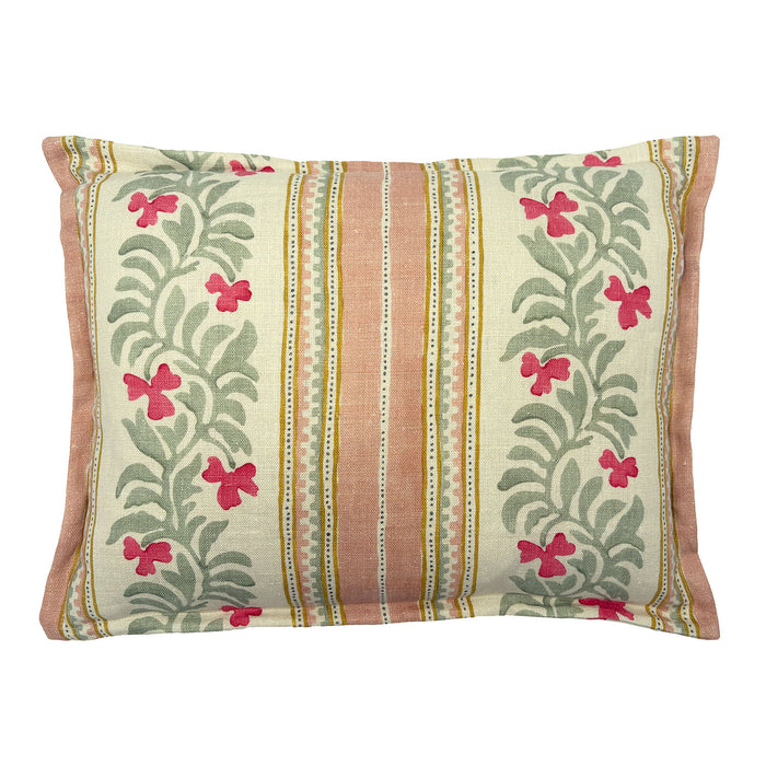 Decorative cushion with floral patterns and stripes on a off-white background.